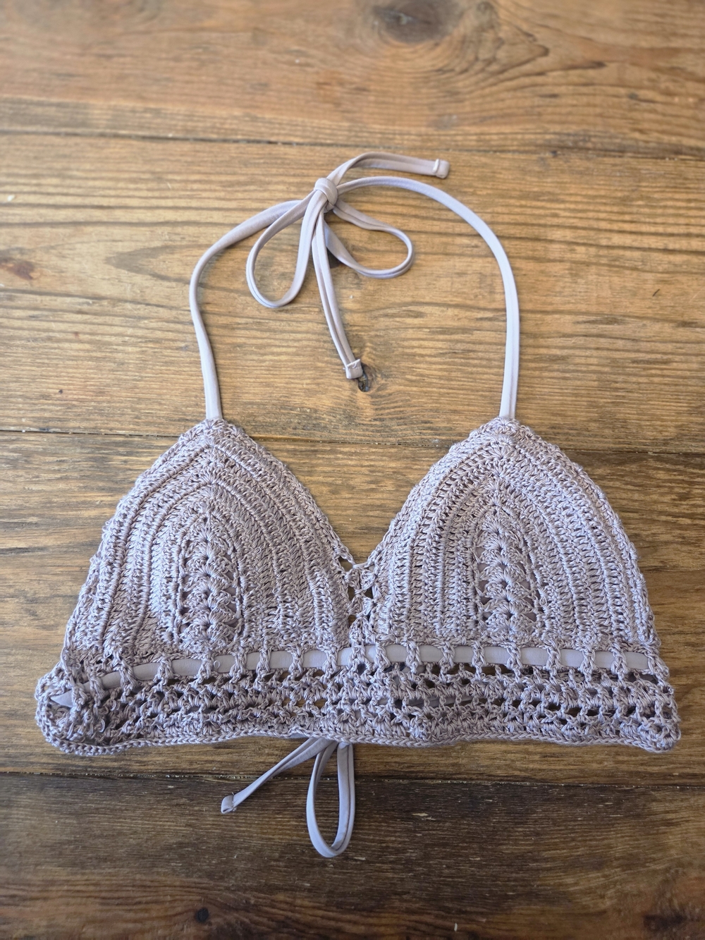 Ika-Kul Boho Taupe Crochet Triangle Bikini Top - Knit Halter Swim Top!